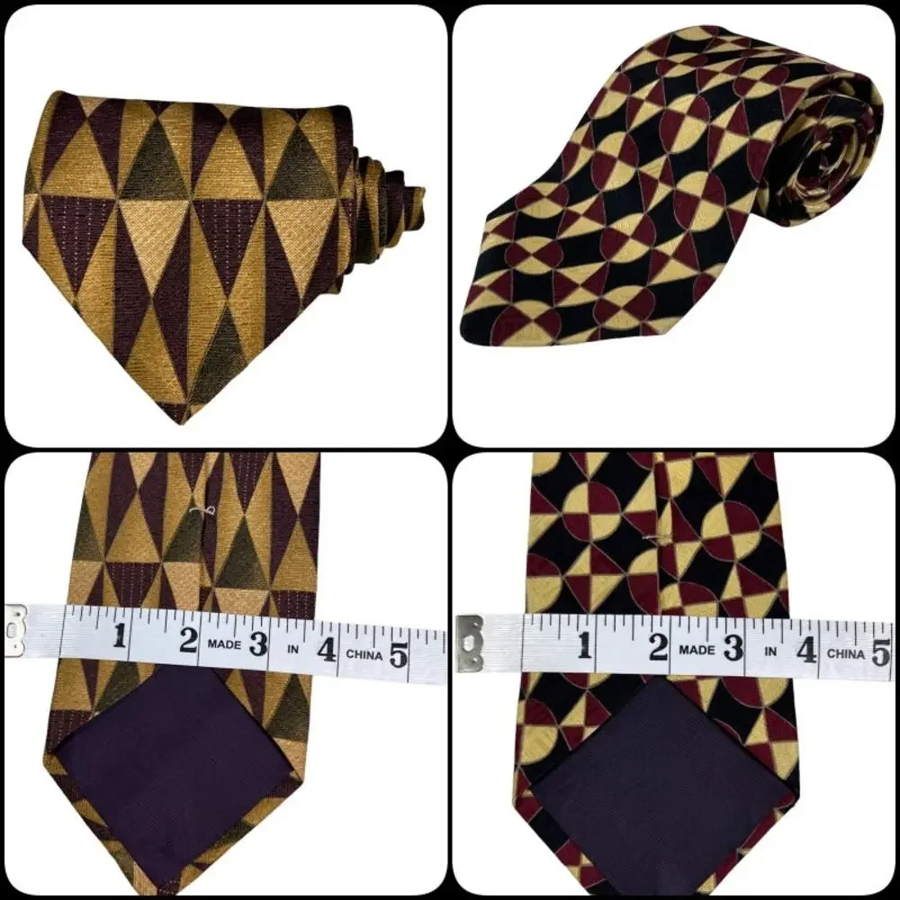 Tom James Bundle 2 Geometric Silk Neckties 60" Gold Cream Olive Purple Burgundy - Picture 10 of 10